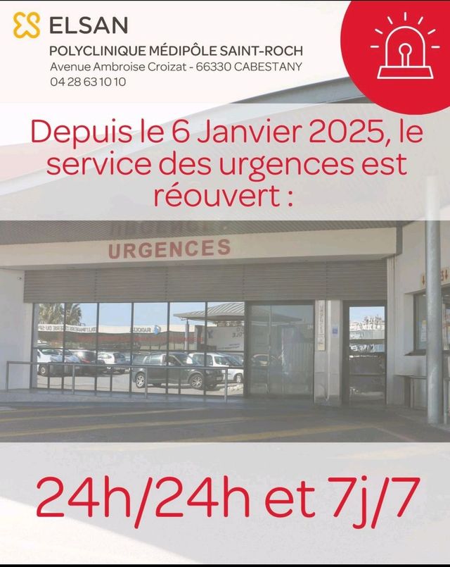 Réouverture service des urgences Clinique Médipôle Cabestany depuis le 6/01/2025 !