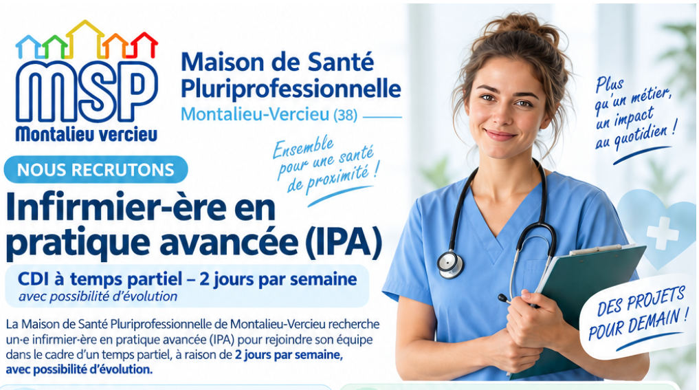La MSP de Montalieu-Vercieu (38) recrute un(e) IPA infirmier-ère en pratique avancée